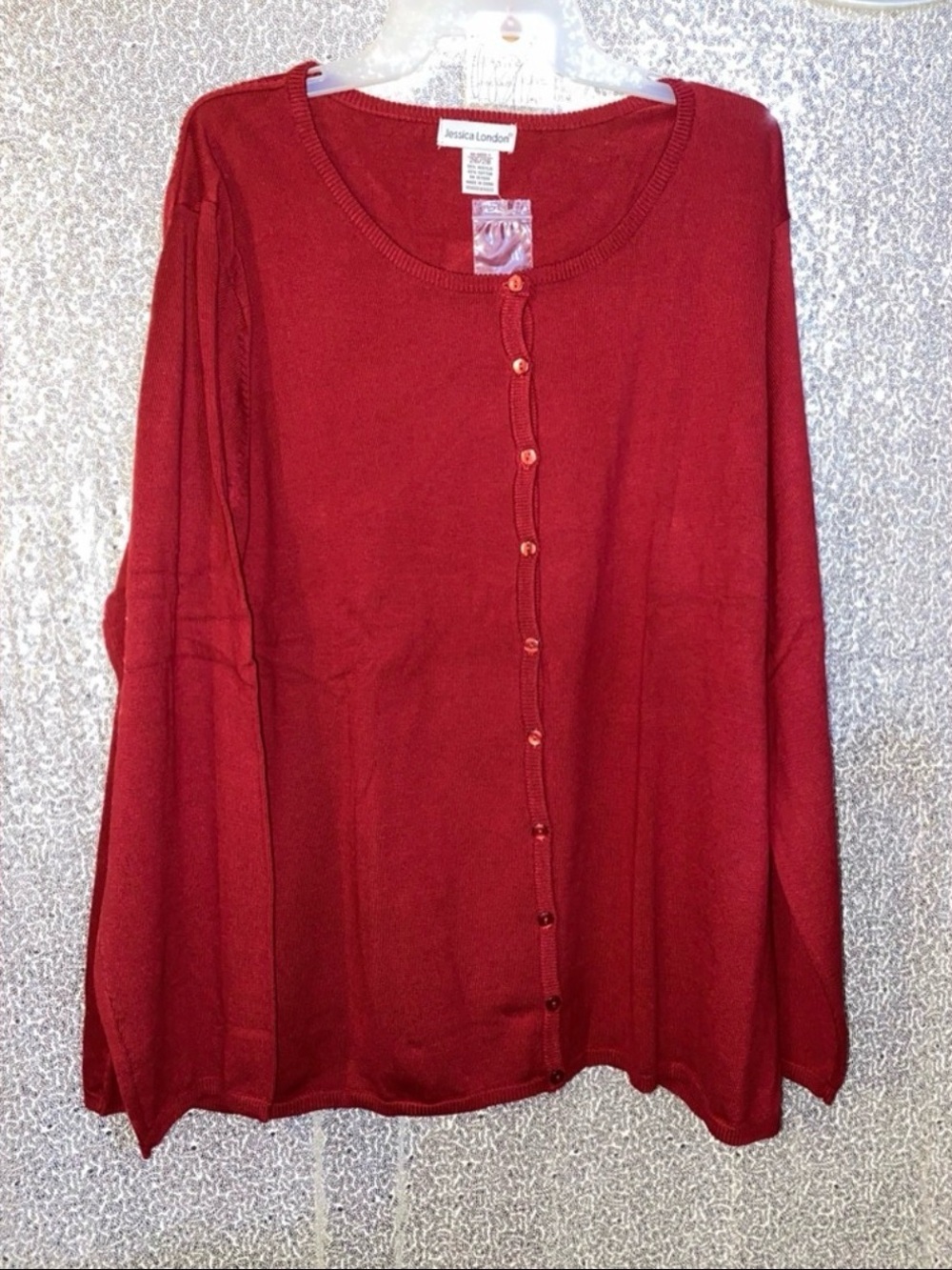 Jessica London Rose-Red Ribbed Button-Up Crew Cardigan - Picture 2 of 3
